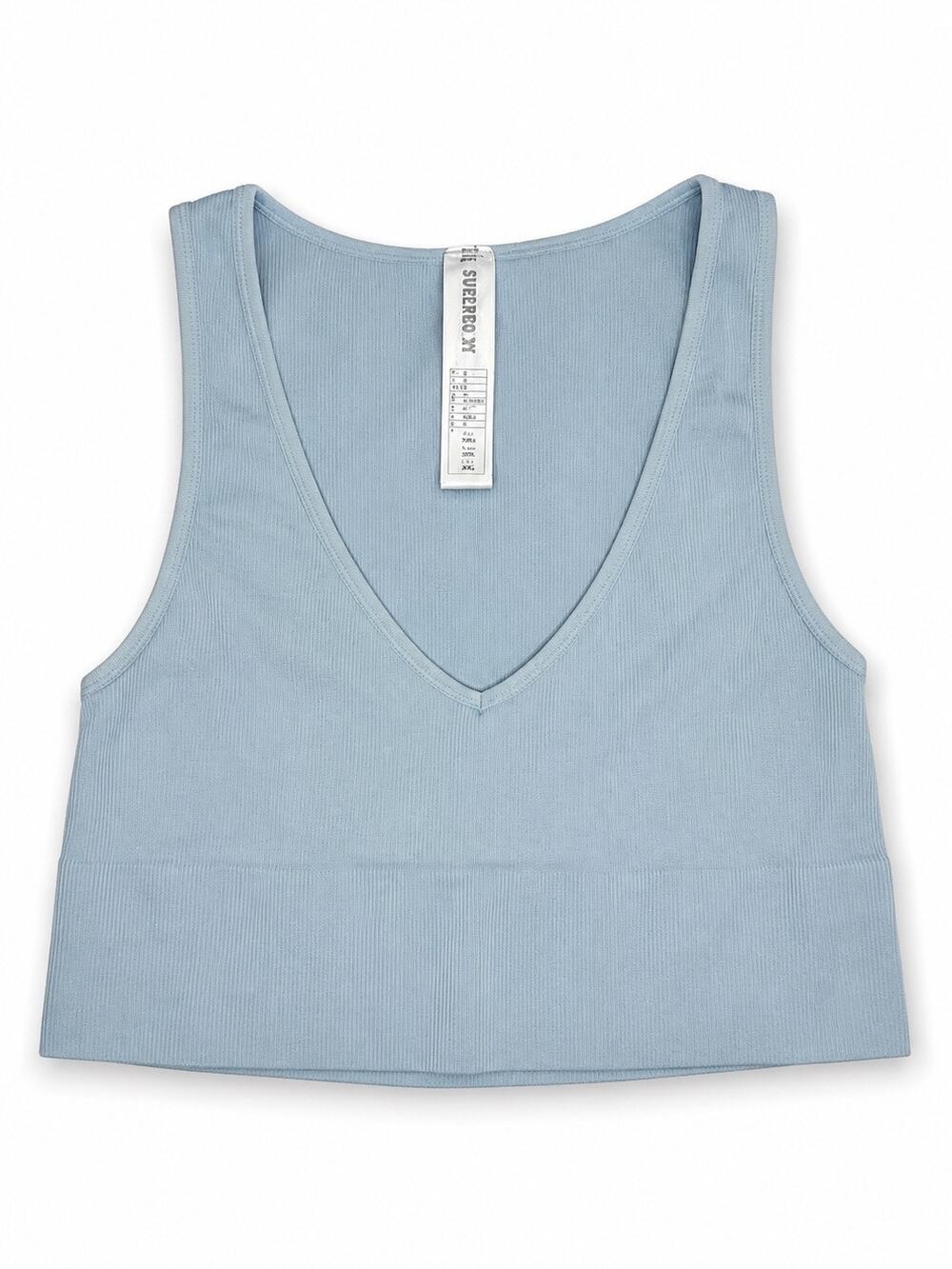 Forever 21 Light Blue Ribbed Seamless V-Neck Crop Top Size Medium